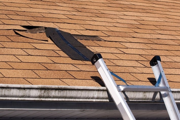 hole in roof with ladder leading up